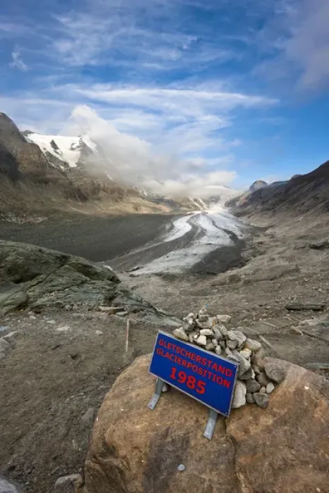 Framed Print : Retreat of Glacier Pasterze of Mount Grossglockner with a sign showing the glacier position 1985 Framed Print : Retreat of Glacier Pasterze of Mount Grossglockner with a sign showing the glacier position 1985