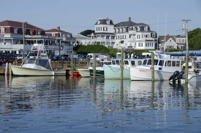 Framed Print : Rhode Island, Block Island (aka New Shoreham). The scenic harbor area of downtown