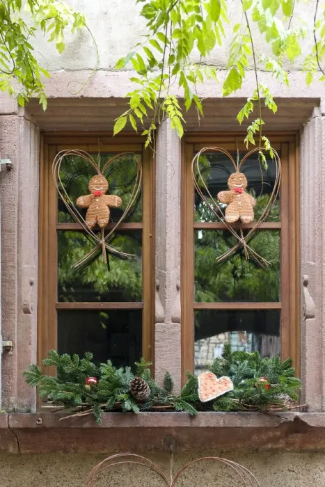 Framed Print : Riquewihr, France. Village established in the 1400s in the Alsace Region. Window decorated with Christmas ornaments