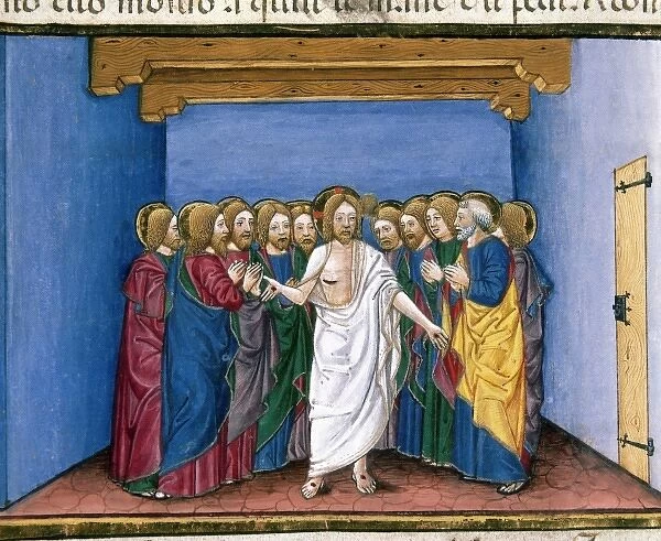 The risen Jesus appears to his disciples gathered in a house for fear of the Jews