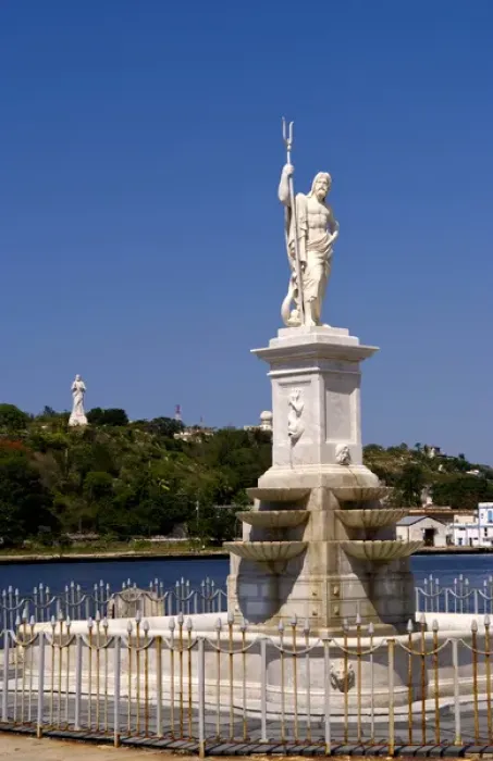 Framed Print : River and statues with Christ statue on hill in background in Havana Cuba Habana