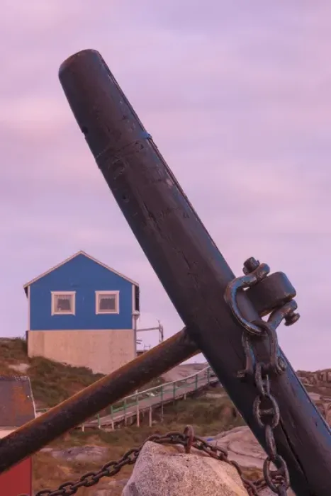 Framed Print : RM. Old Anchor. Home buildings Ilulissat. Greenland Framed Print : RM. Old Anchor. Home buildings Ilulissat. Greenland