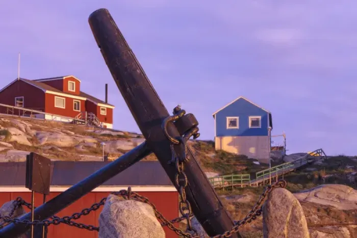 Framed Print : RM. Old Anchor. Home buildings Ilulissat. Greenland Framed Print : RM. Old Anchor. Home buildings Ilulissat. Greenland