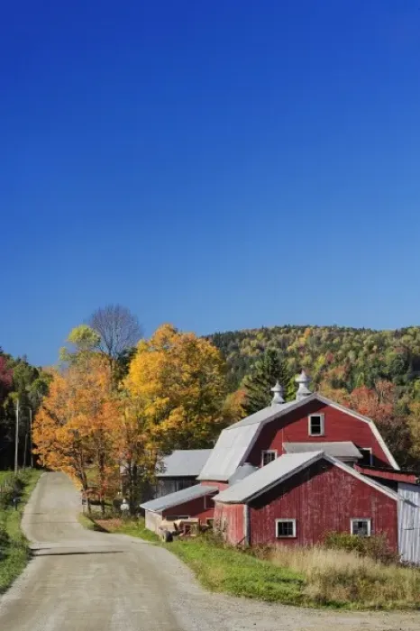 Framed Print : Road beside classic rural barn  /  farm in autumn, New Hampshire