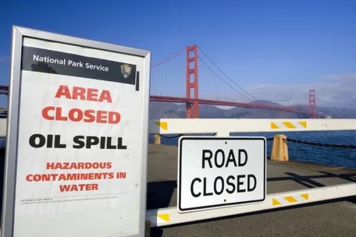Framed Print : Road closure near Fort Point due to November 7, 2007 Oil Spill in San Francisco