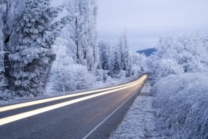 Framed Print : Road and Hoar Frost, Fruitlands, near Alexandra, Central Otago, South Island, New Zealand