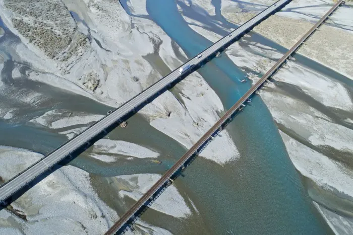 Framed Print : Road and rail bridges across Rakaia River, Rakaia, Mid Canterbury, South Island, New Framed Print : Road and rail bridges across Rakaia River, Rakaia, Mid Canterbury, South Island, New