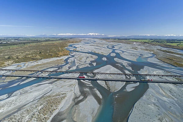 Road and rail bridges across Rakaia River, Rakaia, and Southern Alps, Mid Canterbury