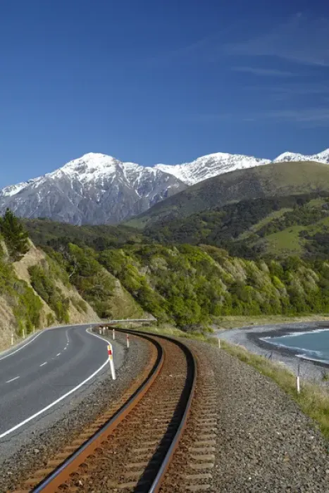 Framed Print : Road, railway, and Seaward Kaikoura Ranges, Mangamaunu, near Kaikoura, Marlborough Framed Print : Road, railway, and Seaward Kaikoura Ranges, Mangamaunu, near Kaikoura, Marlborough
