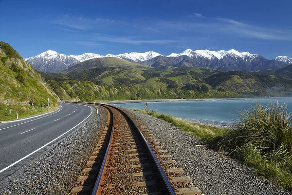 Road, railway, and Seaward Kaikoura Ranges, Mangamaunu, near Kaikoura, Marlborough