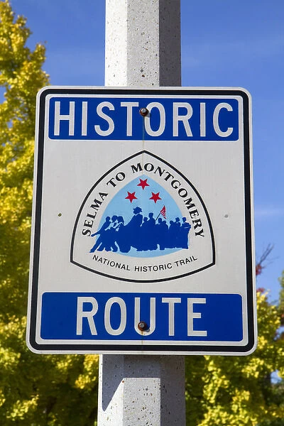 Road sign marking the Selma to Montgomery Historic Route in Selma, Alabama, USA