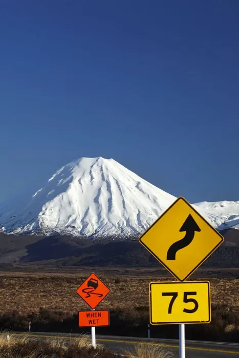 Framed Print : Road signs on Desert Road and Mt. Ngauruhoe, Tongariro National Park, Central Plateau Framed Print : Road signs on Desert Road and Mt. Ngauruhoe, Tongariro National Park, Central Plateau