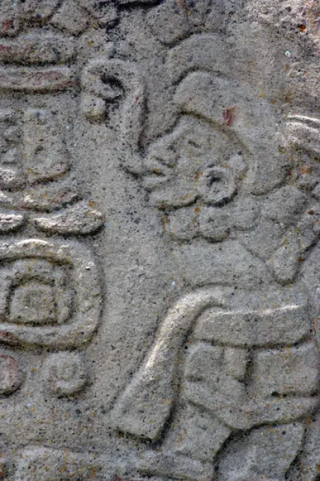Framed Print : Detail of a rock carving by a Zapotec artist at Monte Alban archeologic site near Oaxaca