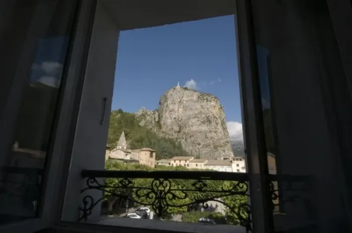 Framed Print : Rock of Castellane from hotel window, Provence, France Framed Print : Rock of Castellane from hotel window, Provence, France