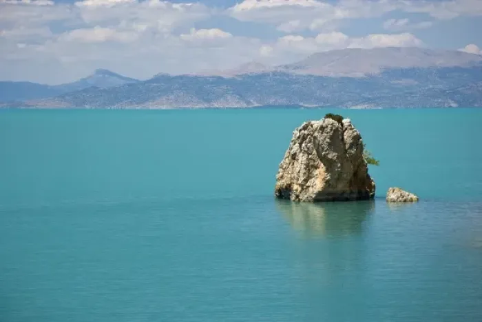 Framed Print : Rock emerging from Lake Egirdir, Isparta, Turkey