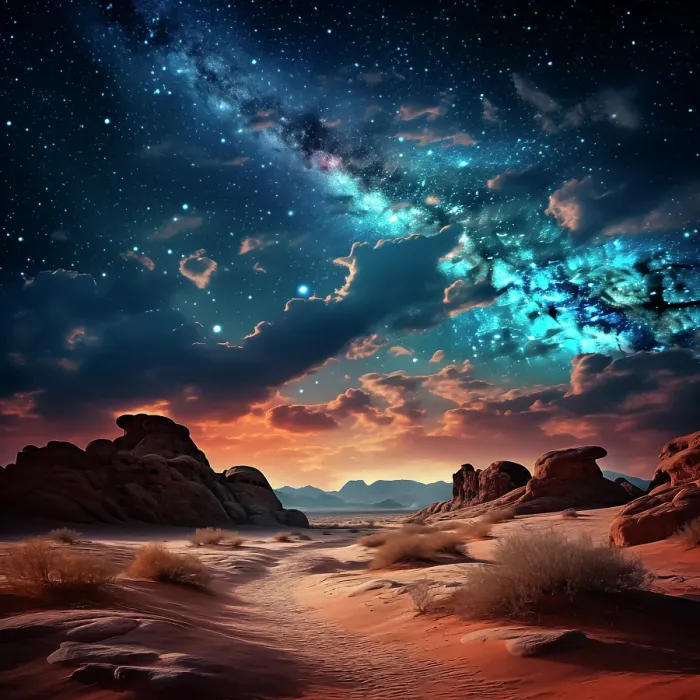 Framed Print : Rock formations and desert at sunset. (AI Generated)