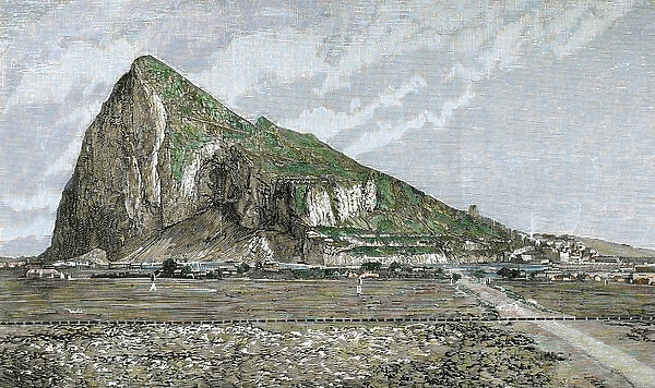 Rock of Gibraltar. Engraving by Rico, 1882. Coloured