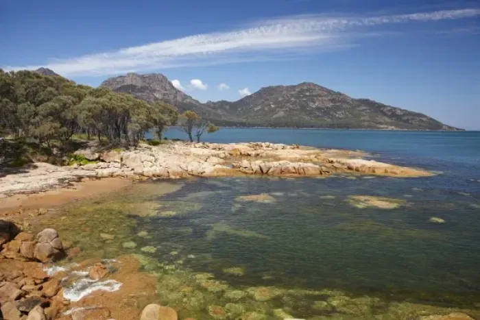 Framed Print : Rocks, Coles Bay, and The Hazards, Freycinet National Park, Freycinet Peninsula, Eastern Tasmania Framed Print : Rocks, Coles Bay, and The Hazards, Freycinet National Park, Freycinet Peninsula, Eastern Tasmania