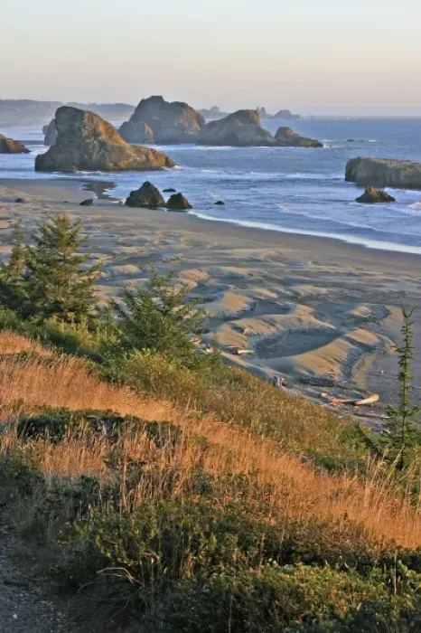 Framed Print : rocky shoreline evening lighting near Gold Beach Oregon