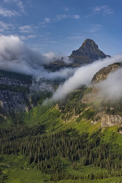 Rolling fog clouds with Reynolds Mountains at Logan Pass in Glacier National Park, USA