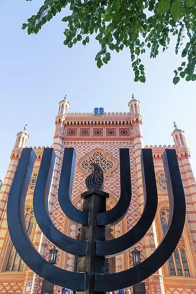 Romania, Bucharest, Choral Temple. Synagogue. Copy of Vienna's Great Synagogue. Menorah sculpture in front