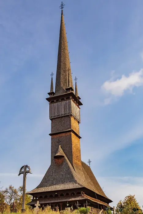 Framed Print : Romania, Maramures County, Surdesti. Eastern Orthodox, church of Lemn. Historical wooden churches. Spire and steeple
