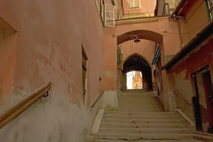Framed Print : Romania, Sibiu, Walk Way to the Big Square of the medieval city, The foundation of
