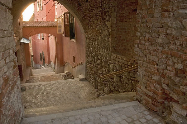 Romania, Sibiu, Walk way from the Big Square of the old city to the lower part of the medieval city
