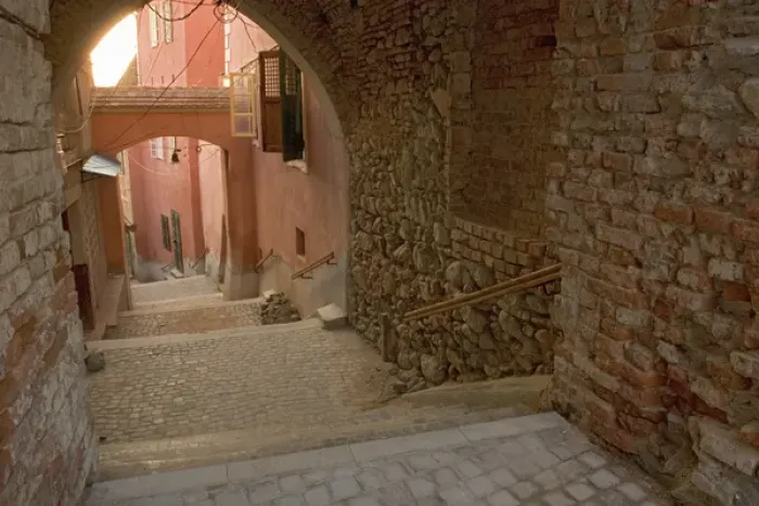 Framed Print : Romania, Sibiu, Walk way from the Big Square of the old city to the lower part of the medieval city