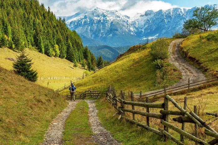 Framed Print : Romania, Transylvania, Carpathian Mountains. Hiking trails, fields