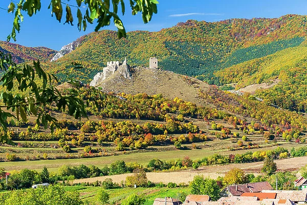 Romania, Transylvania. Coltesti Castle 11th century Ruins. Territorial Trascau mountain views