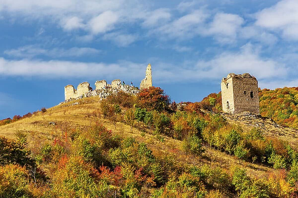 Romania, Transylvania. Coltesti Castle 11th century Ruins. Territorial Trascau mountain views