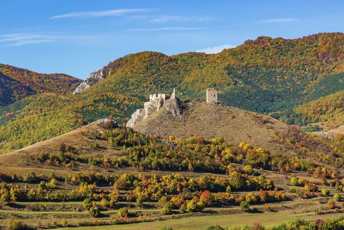 Framed Print : Romania, Transylvania. Coltesti Castle 11th century ruins. Territorial Trascau Mountain views