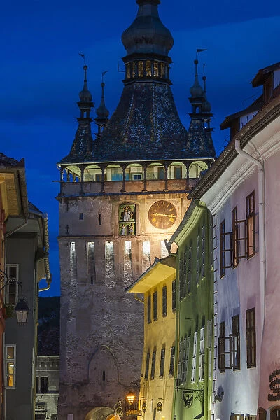 Romania, Transylvania, Sighisoara, clock tower, built in 1280, evening