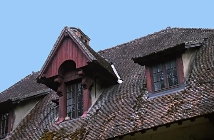 Framed Print : Roof detail and gable of an old inn near Giverny, France Framed Print : Roof detail and gable of an old inn near Giverny, France