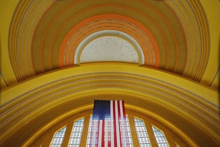 Framed Print : Rotunda and flag in Cincinnatis Union Terminal now the home of the Cincinnati