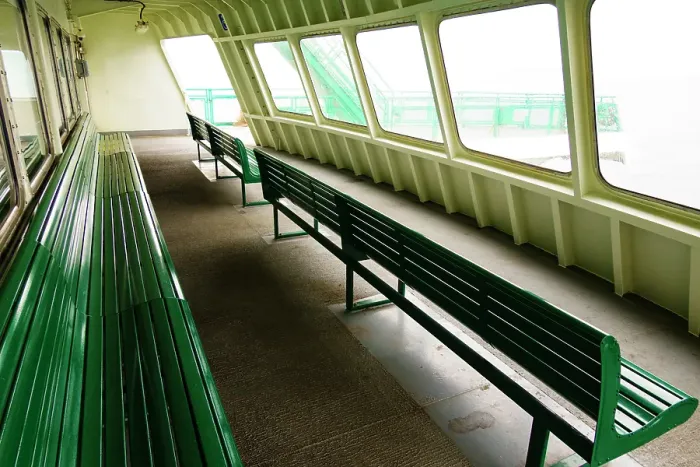 Framed Print : Row of benches and windows, Puget Sound ferry crossing from Edmonds to Kingston, Washington State, USA
