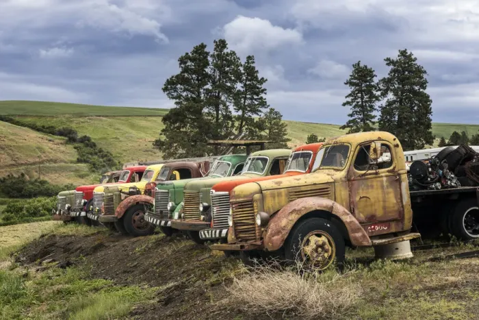 Framed Print : Row of colorful old trucks, Palouse region of eastern Washington