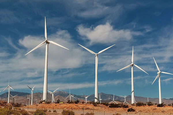 Rows of windmills on a wind farm. Palm Springs, California