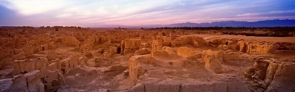 Ruins of ancient city, Jiaohe, at sunset, Turpan, Xinjiang Province, Silk Road, China