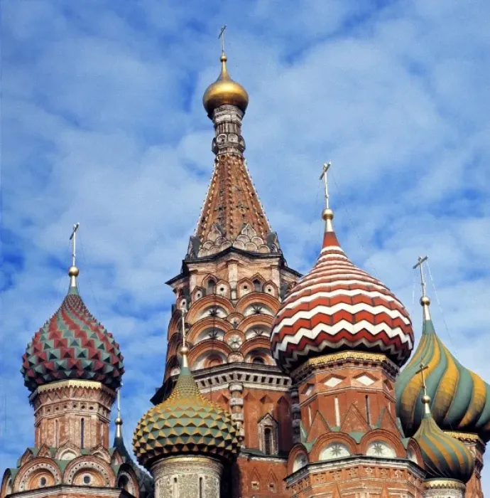 Framed Print : Russia, Moscow. Carnival colors adorn St. Basils Church, a World Heritage Site
