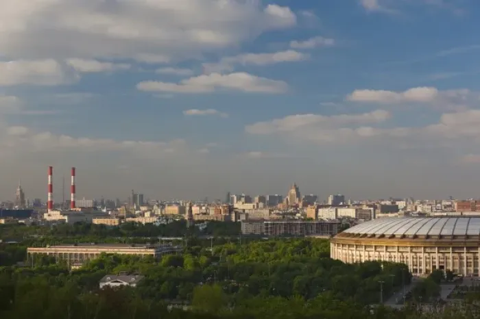 Framed Print : Russia, Moscow Oblast, Moscow, Sparrow Hills-area, elevated city view with Luzhniki Stadium