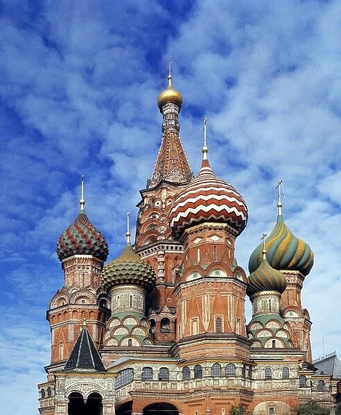 Russia, Moscow. The ornate spires of St. Basils Cathedral, a World Heritage Site
