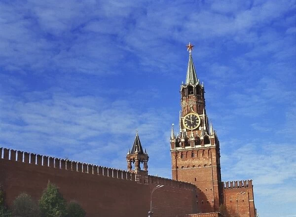 Russia, Moscow. A rich blue sky enhances this view of Saviors Tower, on Moscow s