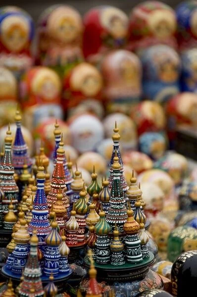 Russia, Moscow. Typical Russian handicrafts, wooden Russian churches & matryoshka dolls