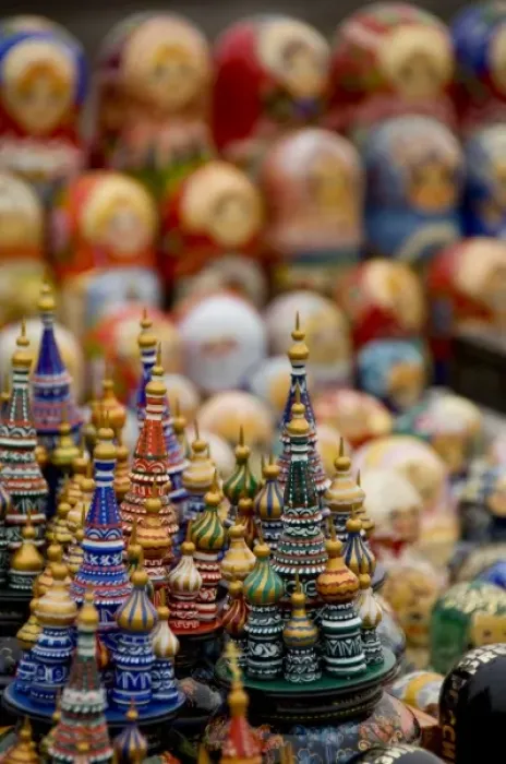 Framed Print : Russia, Moscow. Typical Russian handicrafts, wooden Russian churches & matryoshka dolls