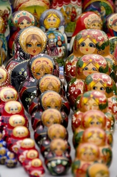 Russia, Moscow. Typical Russian handicrafts, matryoshka dolls. (RF)