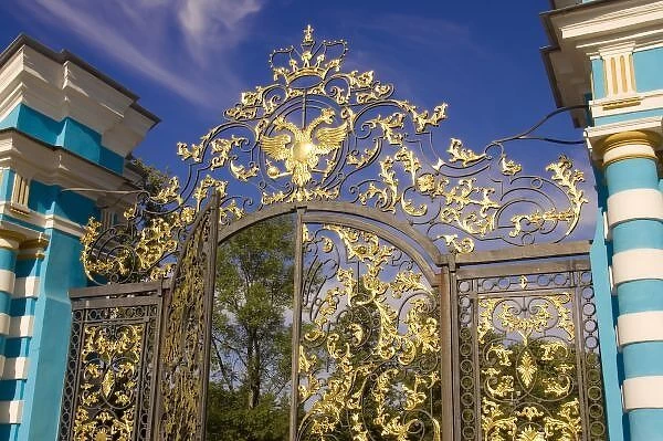 Russia, Pushkin. Gate detail and support towers at Catherine Palace. Credit as: Nancy