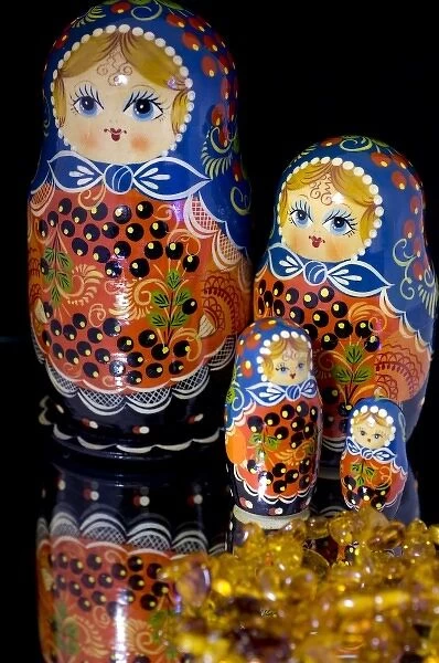 Russia, Russian handicrafts. Traditional painted matryoshka dolls, and amber. Property released