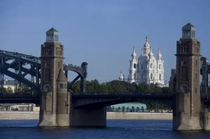 Framed Print : Russia, St. Petersburg, Neva River. View of Smolny Convent between bridge towers Framed Print : Russia, St. Petersburg, Neva River. View of Smolny Convent between bridge towers